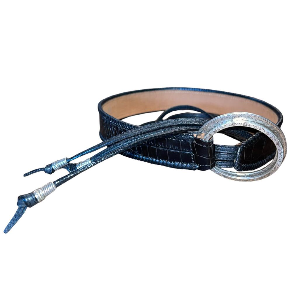 Coldwater Creek Leather Belt M/L Black Whipstitch Croc